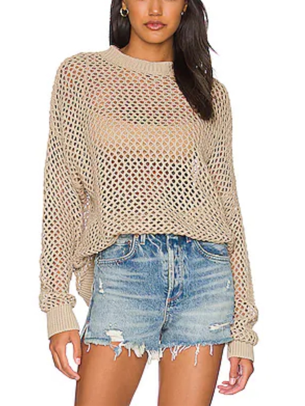 Light Beige Open-Knit Women's Sweater - Casual Beach Pullover